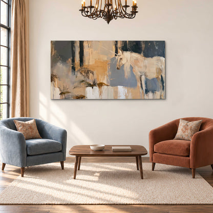 A pale unicorn emerging from loose vertical strokes of blue, ochre and cream single canvas wall art styled in an interior