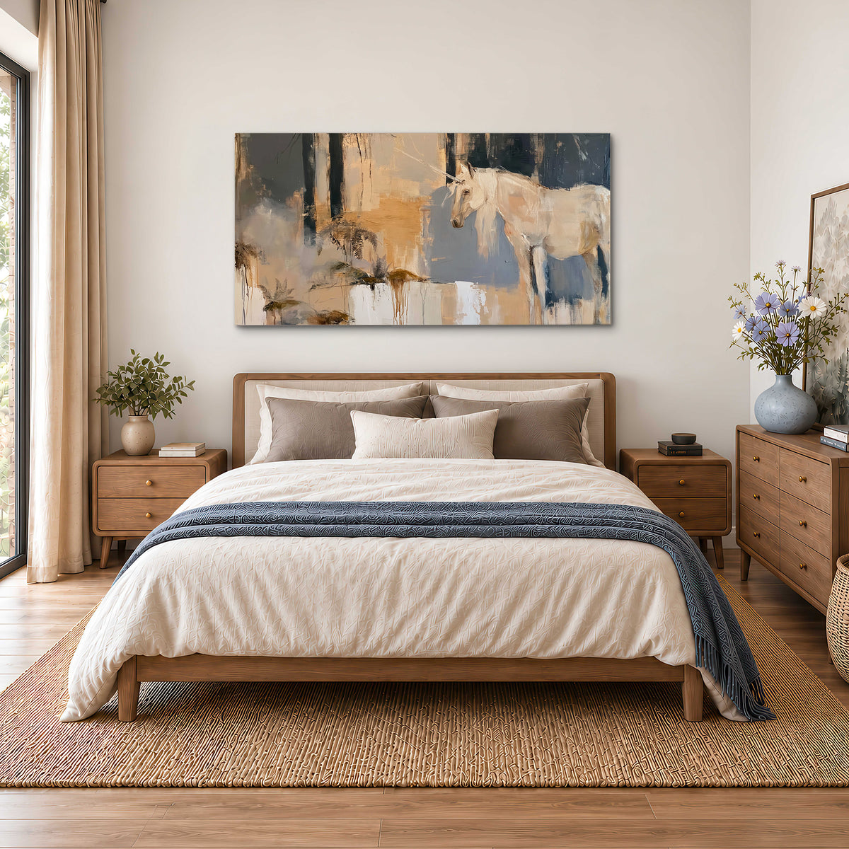 A pale unicorn emerging from loose vertical strokes of blue, ochre and cream single canvas wall art styled in an interior
