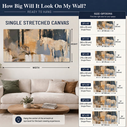 A pale unicorn emerging from loose vertical strokes of blue, ochre and cream single canvas wall art size guide above a sofa; room view is illustrative