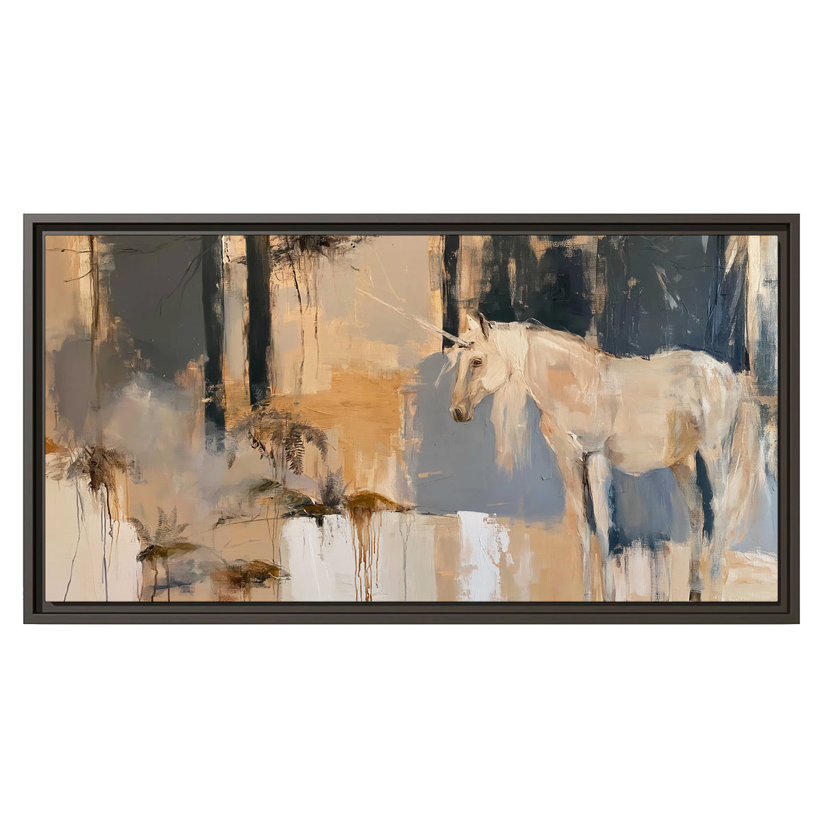 A pale unicorn emerging from loose vertical strokes of blue, ochre and cream single framed canvas wall art viewed straight on