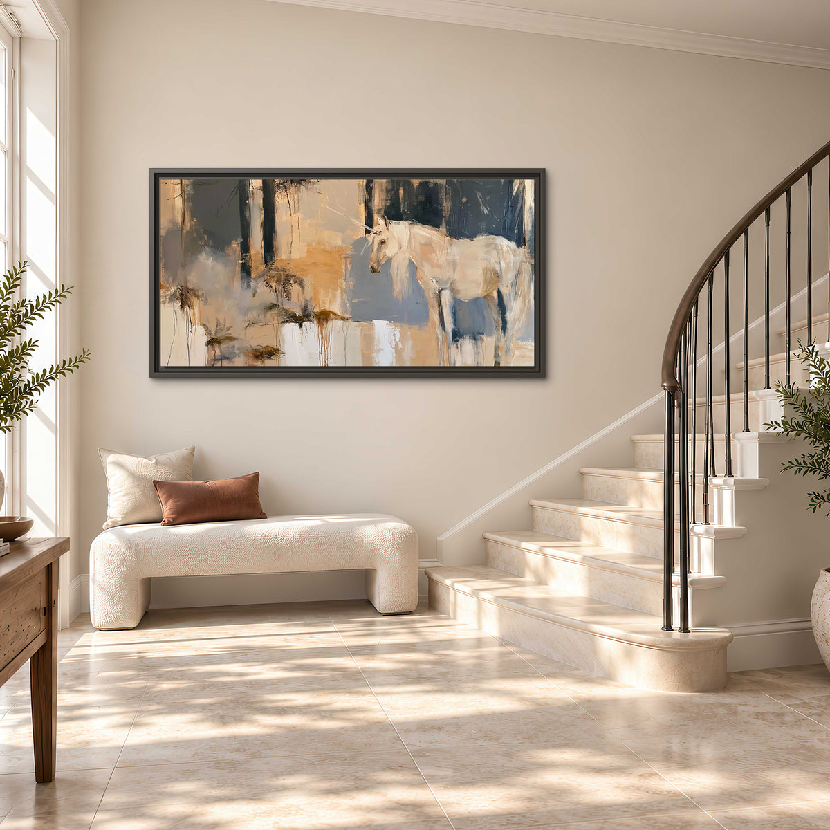A pale unicorn emerging from loose vertical strokes of blue, ochre and cream single framed canvas wall art styled in an interior