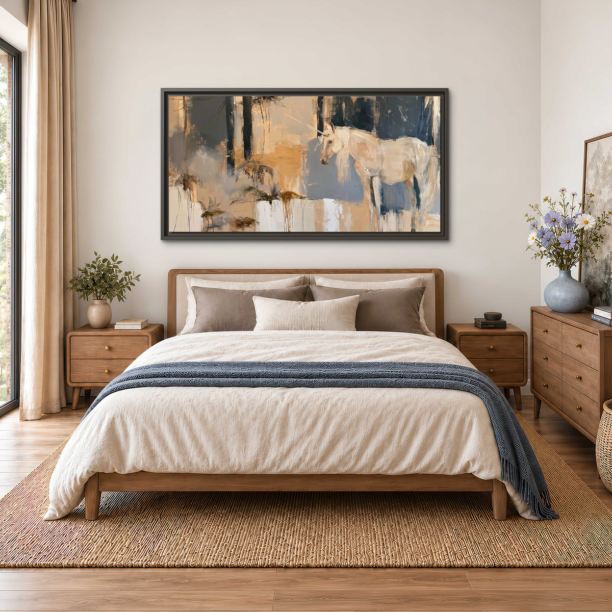 A pale unicorn emerging from loose vertical strokes of blue, ochre and cream single framed canvas wall art styled in an interior