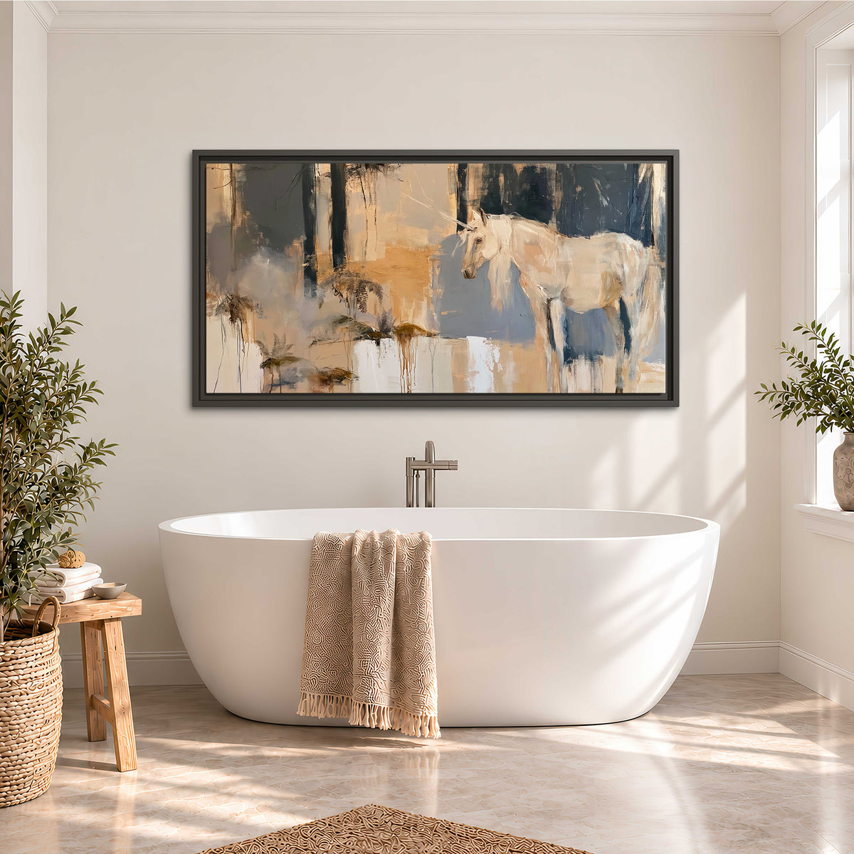 A pale unicorn emerging from loose vertical strokes of blue, ochre and cream single framed canvas wall art styled in an interior