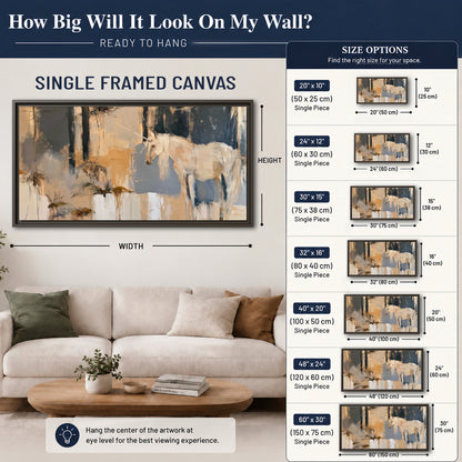 A pale unicorn emerging from loose vertical strokes of blue, ochre and cream single framed canvas wall art size guide above a sofa; room view is illustrative