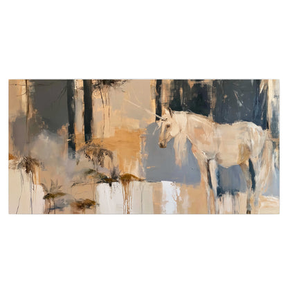 A pale unicorn emerging from loose vertical strokes of blue, ochre and cream single poster print viewed straight on