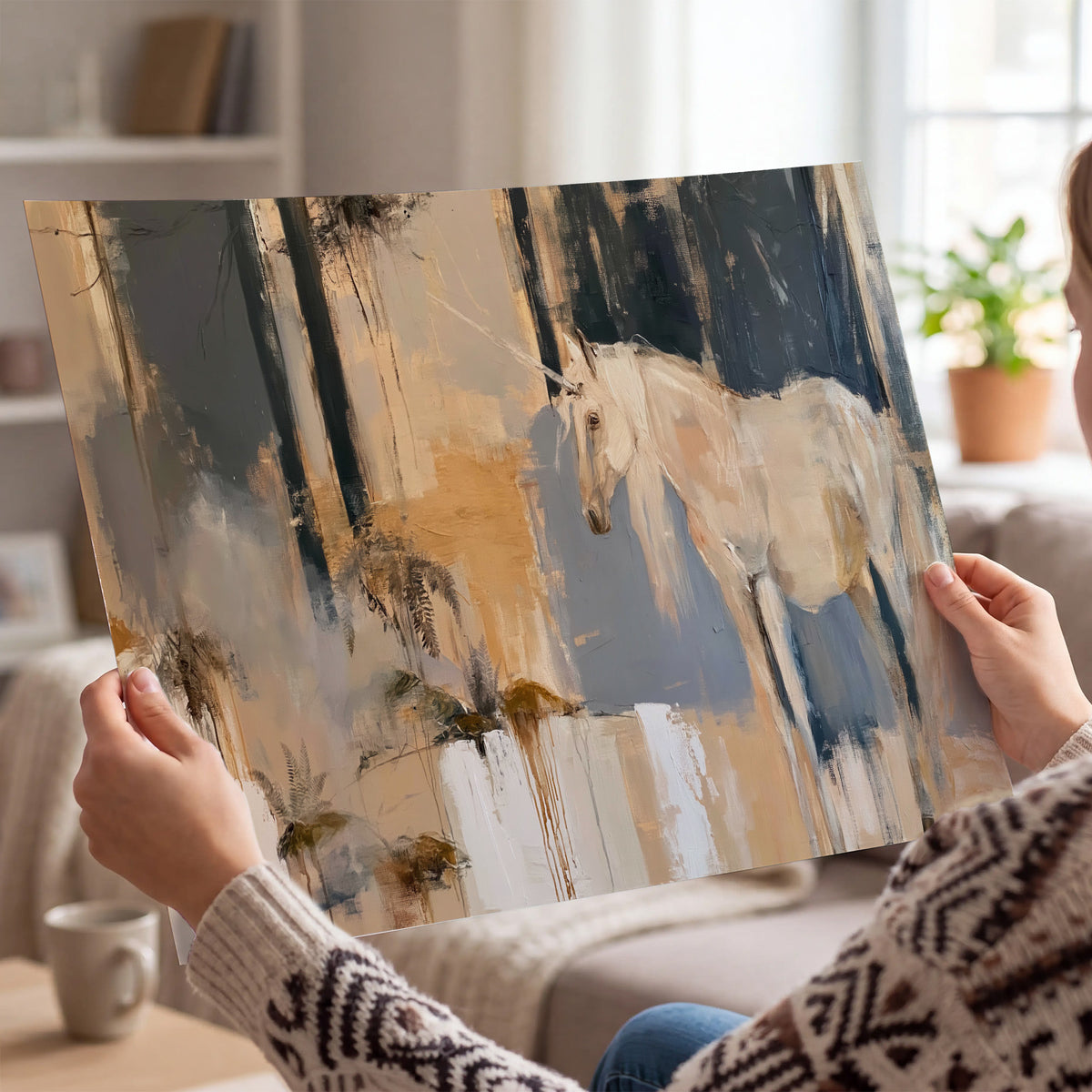 A pale unicorn emerging from loose vertical strokes of blue, ochre and cream single poster print held in hands