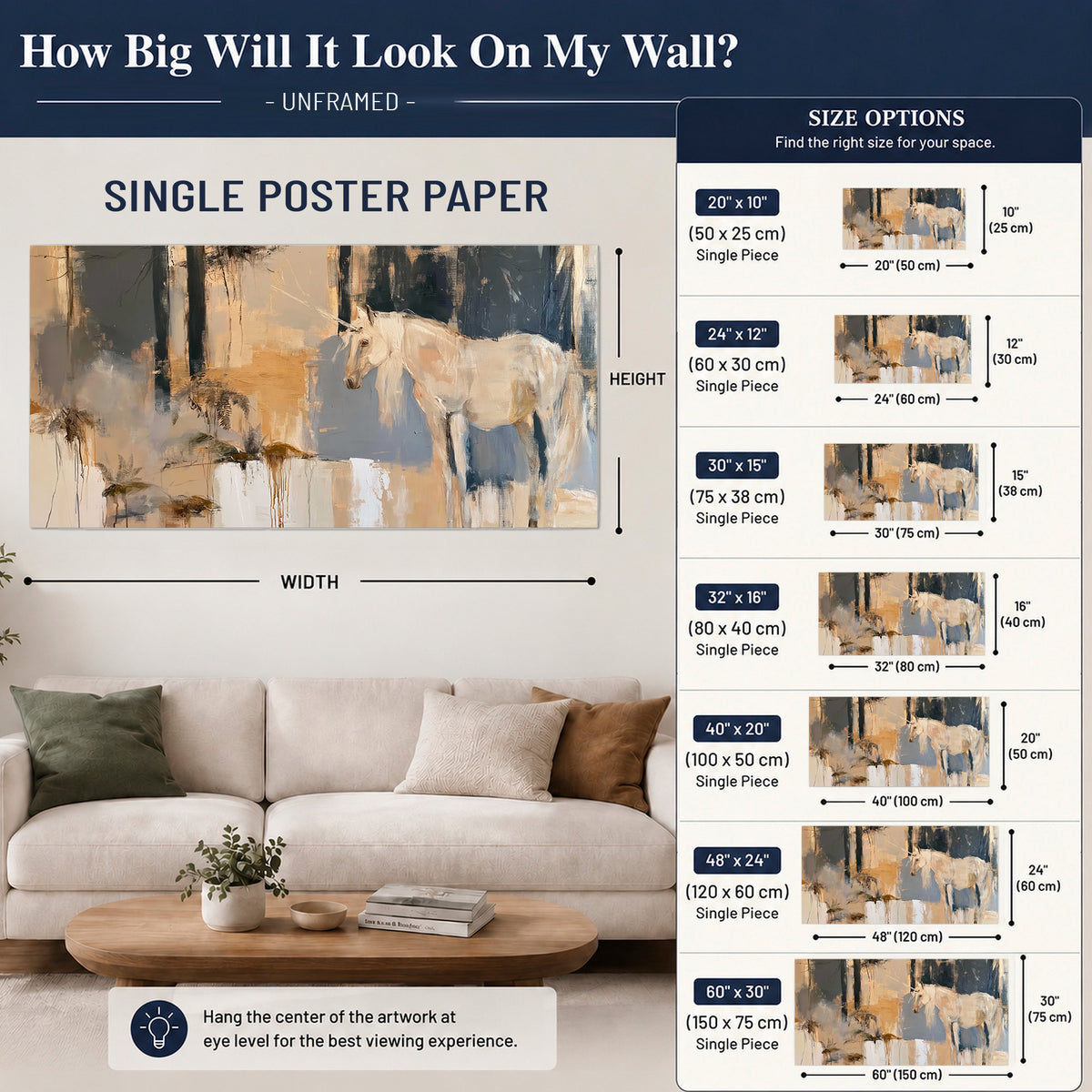 A pale unicorn emerging from loose vertical strokes of blue, ochre and cream single poster print size guide above a sofa; room view is illustrative