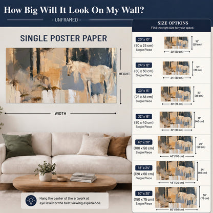 A pale unicorn emerging from loose vertical strokes of blue, ochre and cream single poster print size guide above a sofa; room view is illustrative