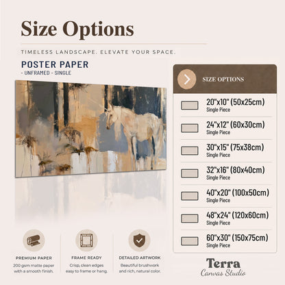 A pale unicorn emerging from loose vertical strokes of blue, ochre and cream single poster print available dimensions