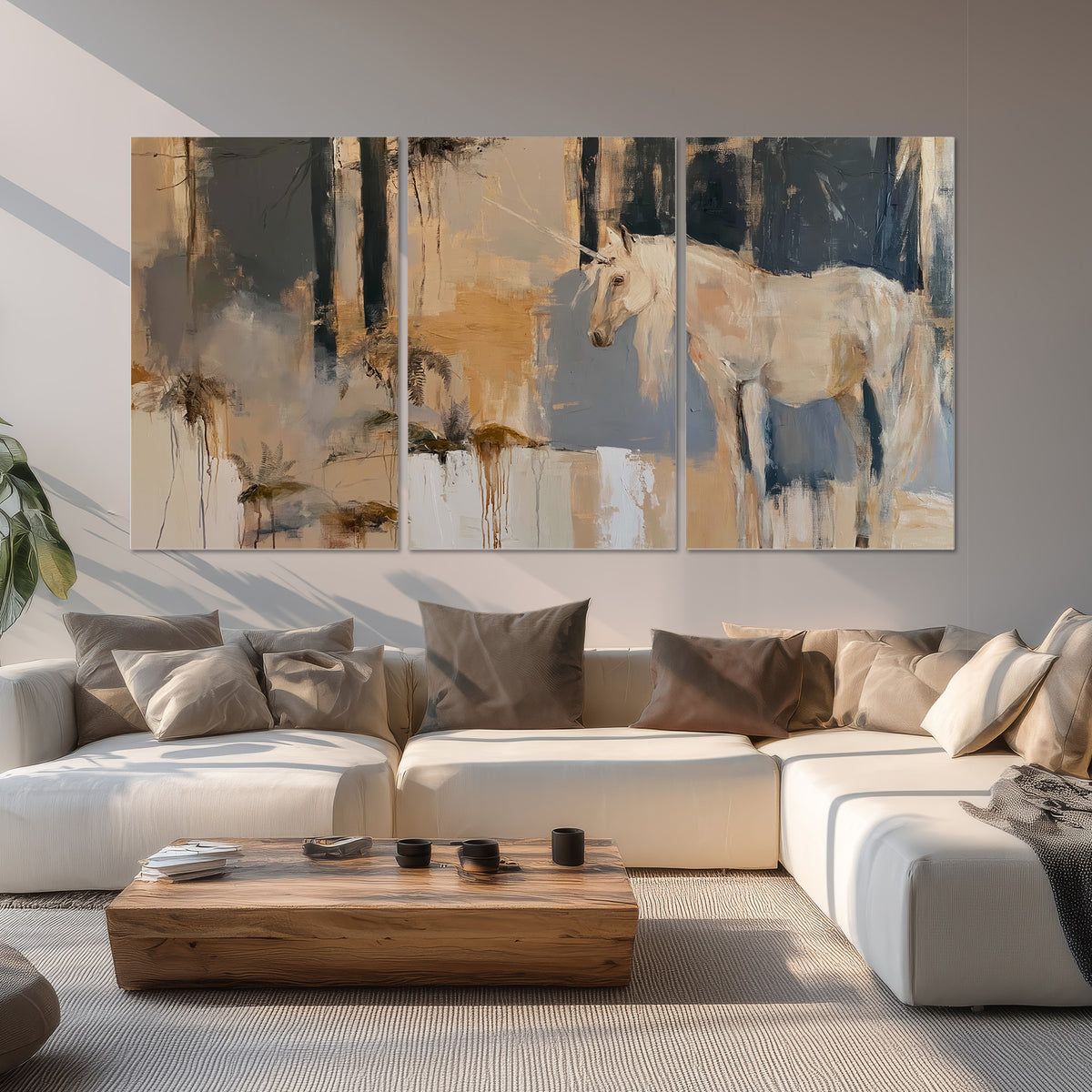 A pale unicorn emerging from loose vertical strokes of blue, ochre and cream set of 3 poster prints displayed in a living room