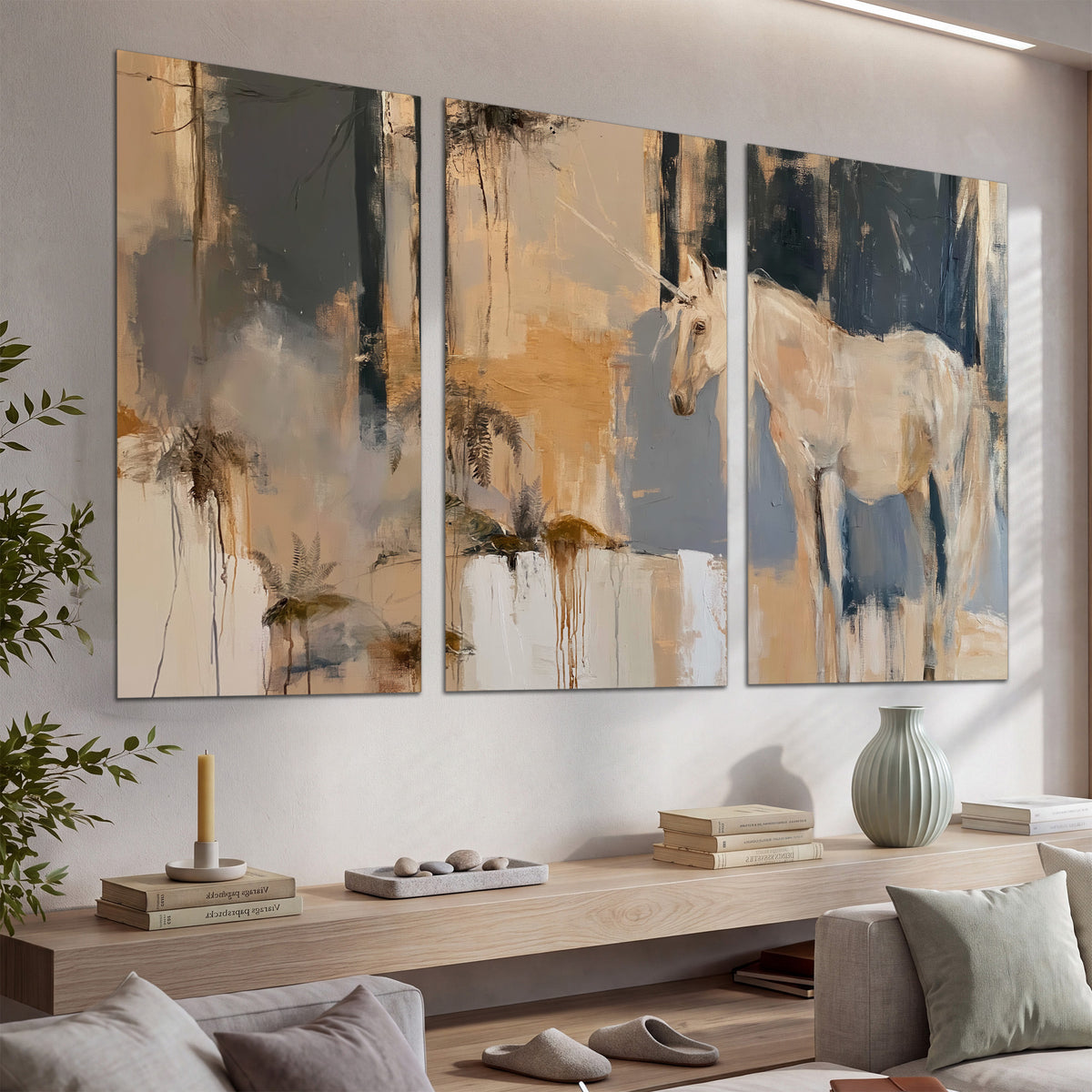 A pale unicorn emerging from loose vertical strokes of blue, ochre and cream set of 3 poster prints displayed in a console