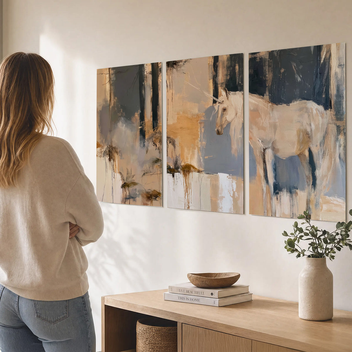 A pale unicorn emerging from loose vertical strokes of blue, ochre and cream set of 3 poster prints three panel arrangement on a wall