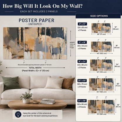 A pale unicorn emerging from loose vertical strokes of blue, ochre and cream set of 3 poster prints size guide above a sofa; room view is illustrative