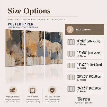 A pale unicorn emerging from loose vertical strokes of blue, ochre and cream set of 3 poster prints available dimensions; triptych dimensions are per panel