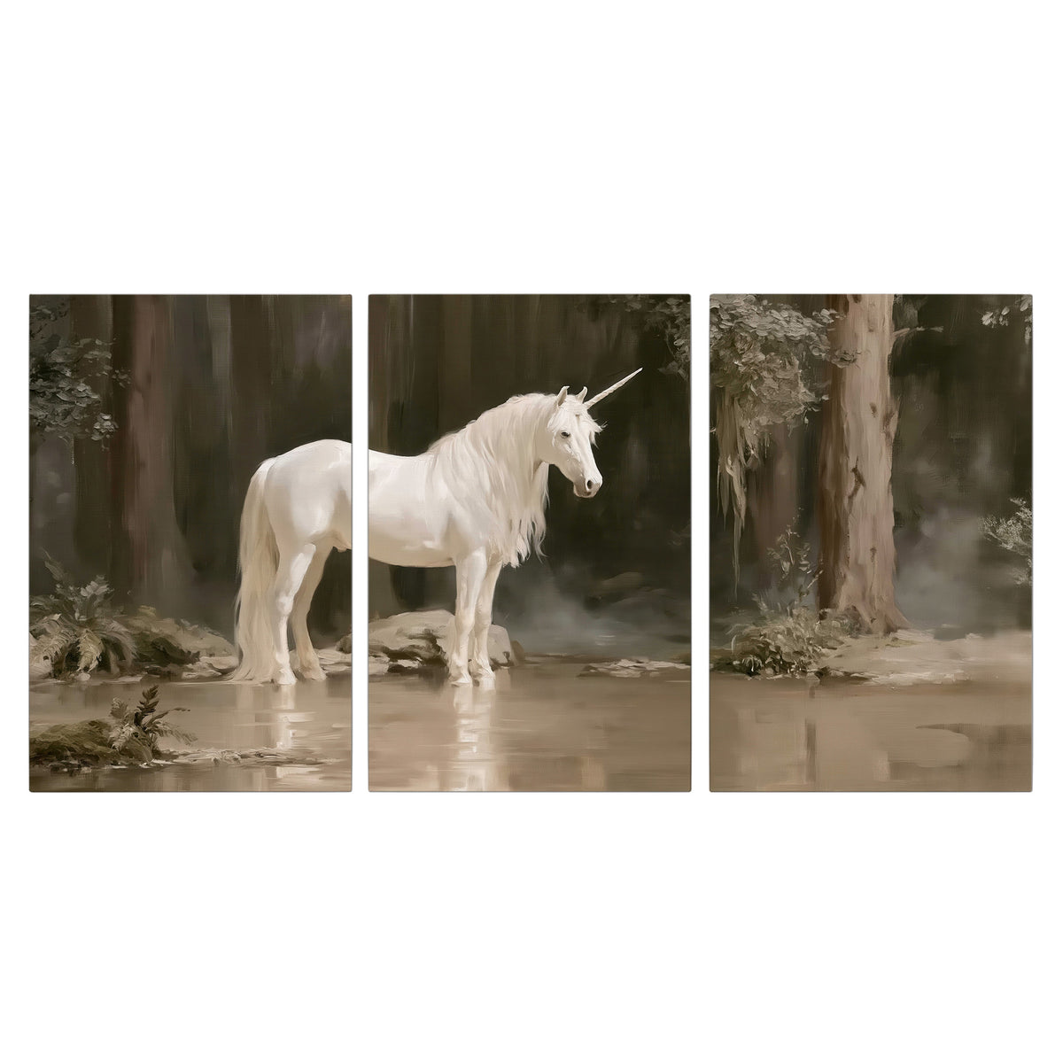 A white unicorn standing beside shallow water beneath tall shadowed trees 3 piece canvas wall art viewed straight on