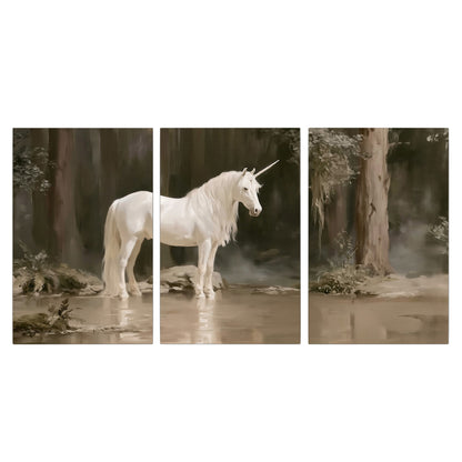 A white unicorn standing beside shallow water beneath tall shadowed trees 3 piece canvas wall art viewed straight on