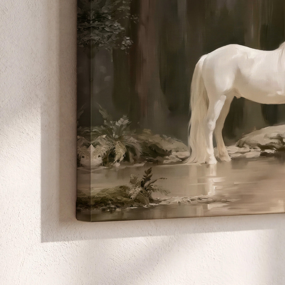 A white unicorn standing beside shallow water beneath tall shadowed trees 3 piece canvas wall art material and edge close up