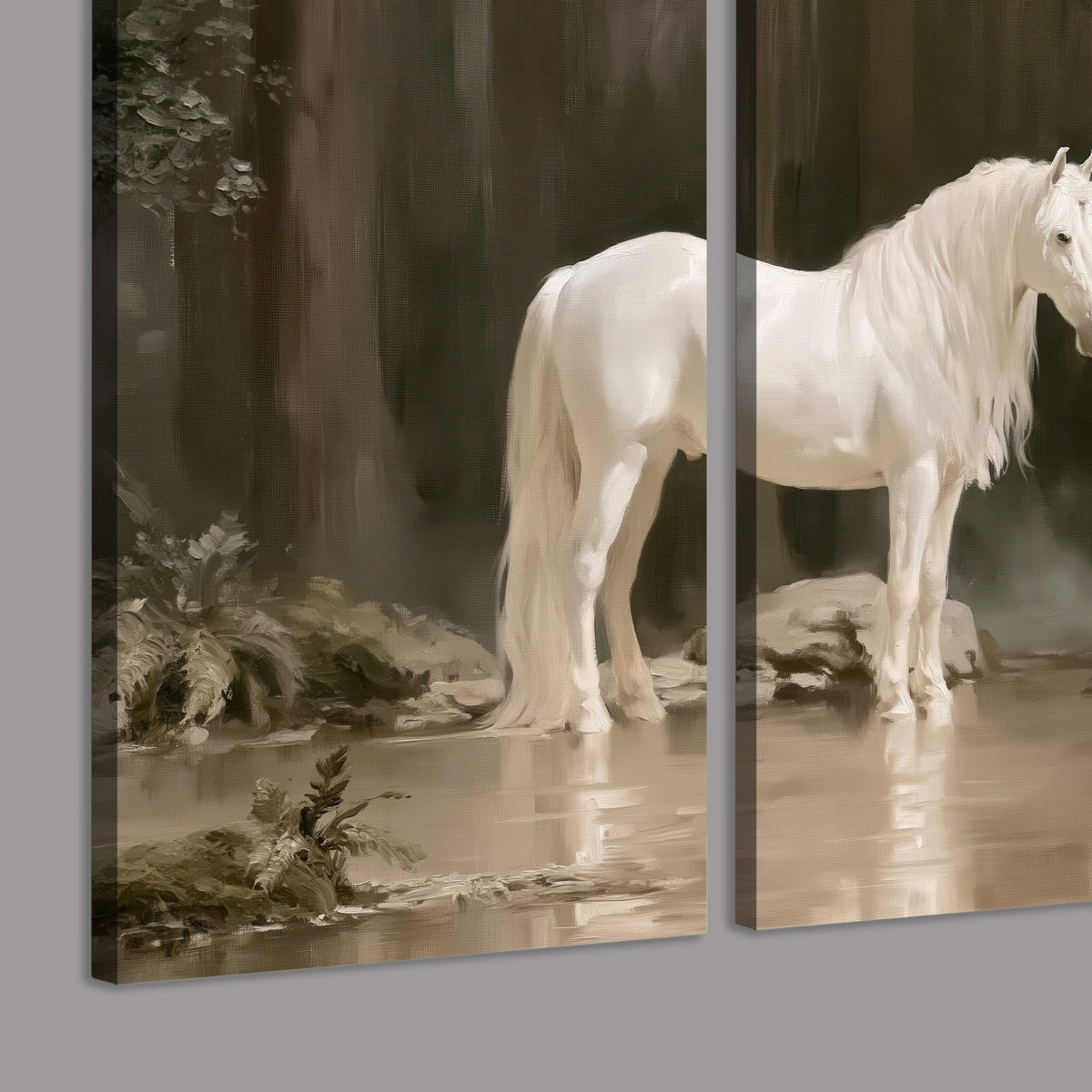 A white unicorn standing beside shallow water beneath tall shadowed trees 3 piece canvas wall art room and product view