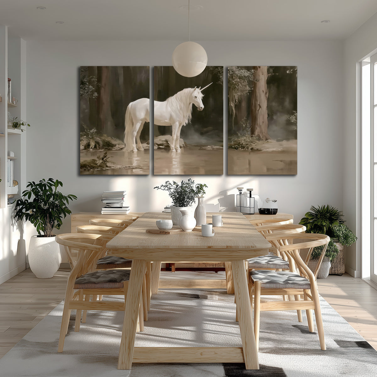 A white unicorn standing beside shallow water beneath tall shadowed trees 3 piece canvas wall art room and product view