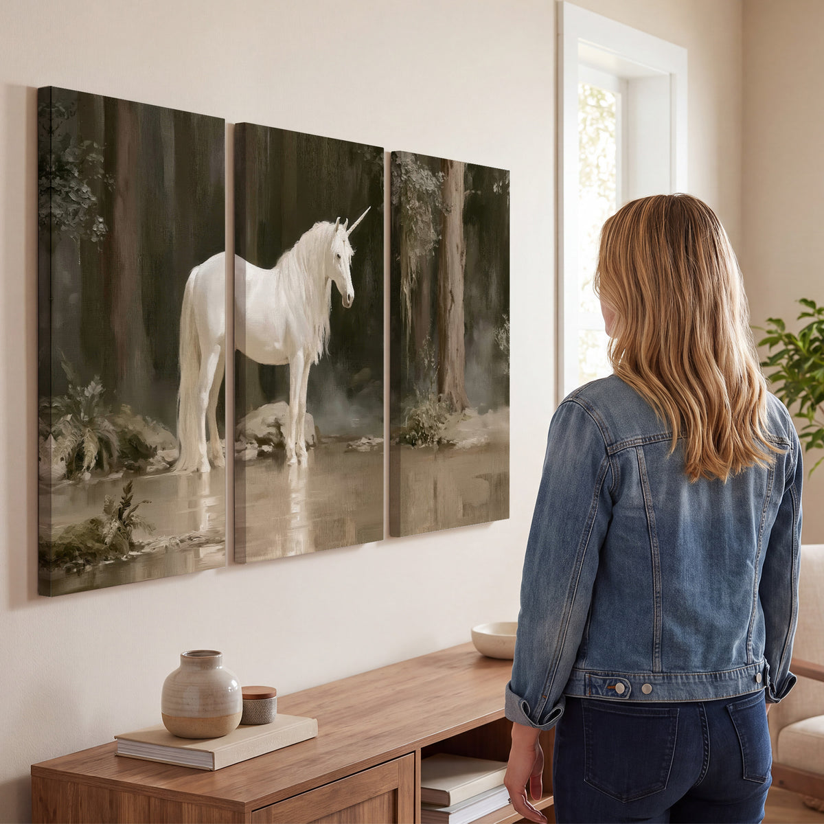 A white unicorn standing beside shallow water beneath tall shadowed trees 3 piece canvas wall art three panel arrangement on a wall