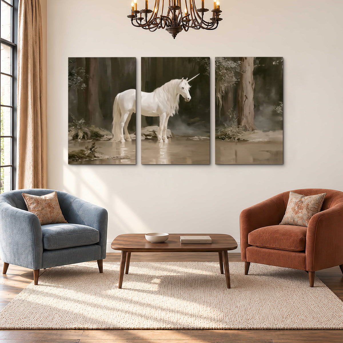 A white unicorn standing beside shallow water beneath tall shadowed trees 3 piece canvas wall art styled in an interior