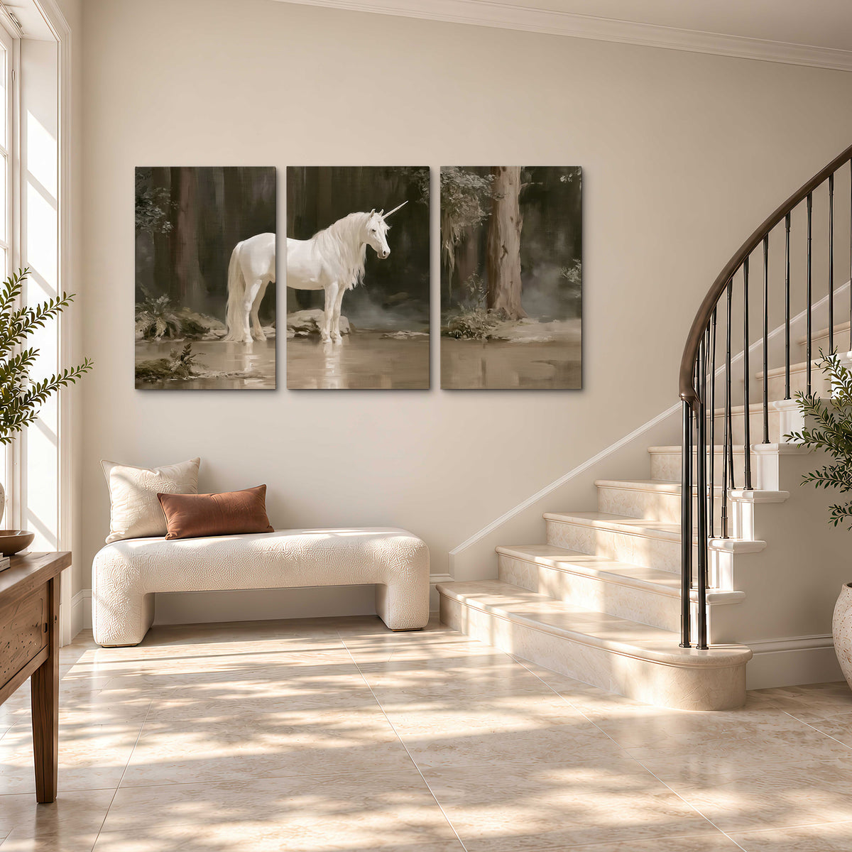 A white unicorn standing beside shallow water beneath tall shadowed trees 3 piece canvas wall art styled in an interior