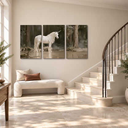 A white unicorn standing beside shallow water beneath tall shadowed trees 3 piece canvas wall art styled in an interior