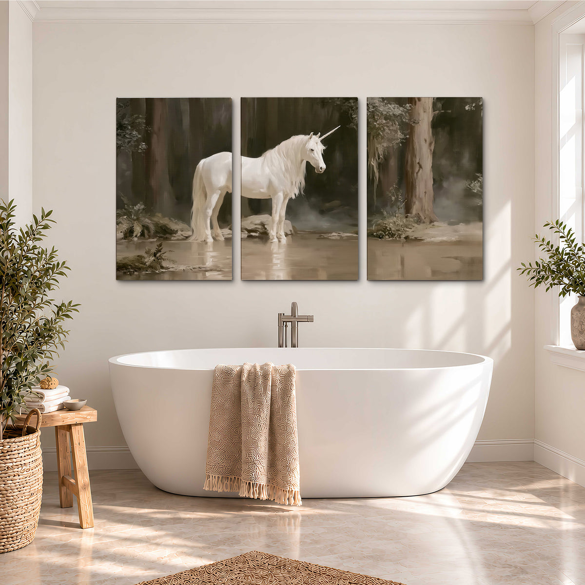 A white unicorn standing beside shallow water beneath tall shadowed trees 3 piece canvas wall art styled in an interior