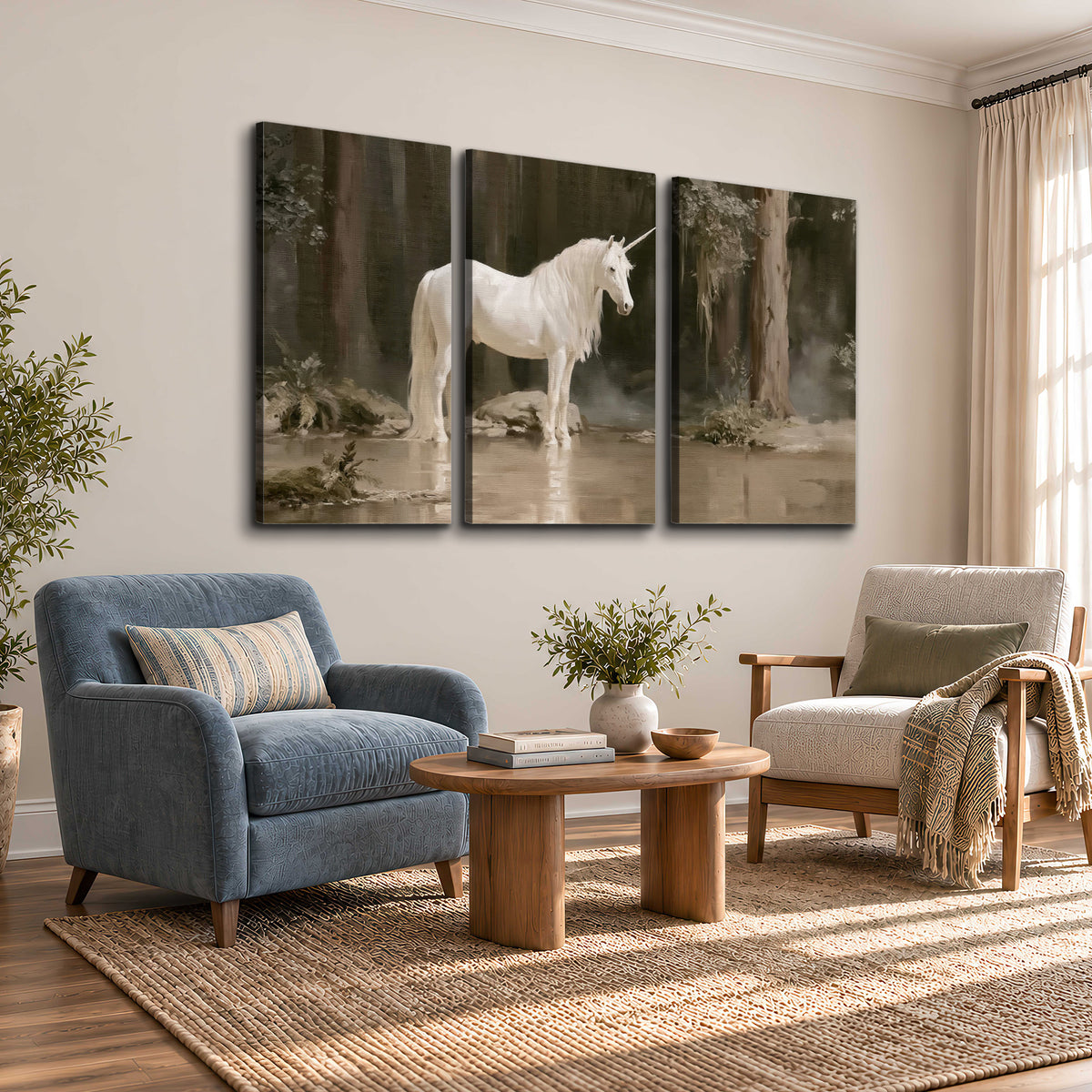 A white unicorn standing beside shallow water beneath tall shadowed trees 3 piece canvas wall art styled in an interior