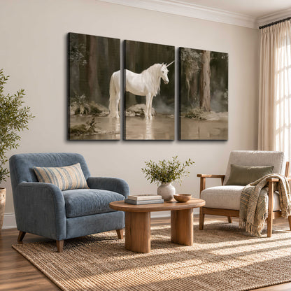 A white unicorn standing beside shallow water beneath tall shadowed trees 3 piece canvas wall art styled in an interior