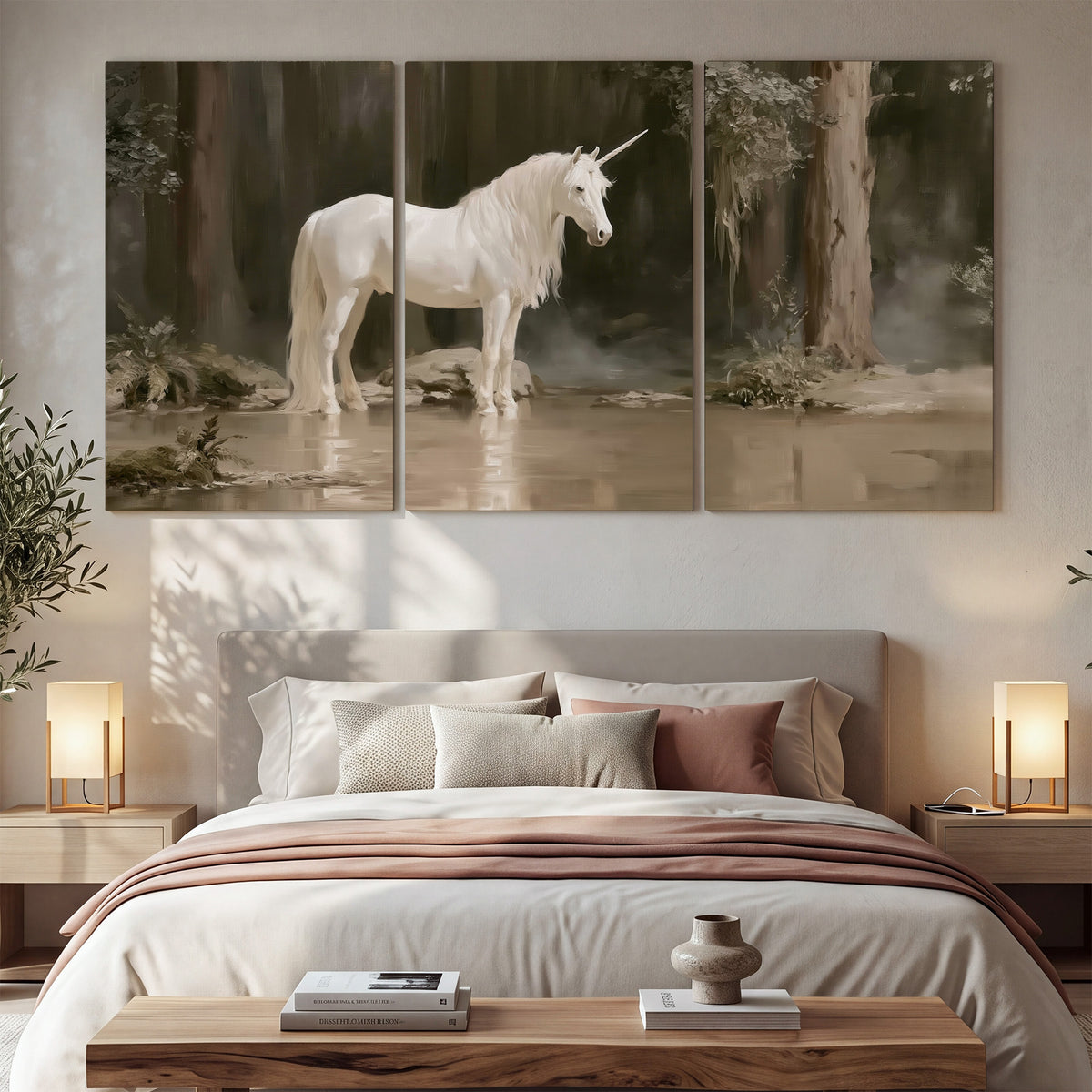 A white unicorn standing beside shallow water beneath tall shadowed trees 3 piece canvas wall art displayed in a bedroom