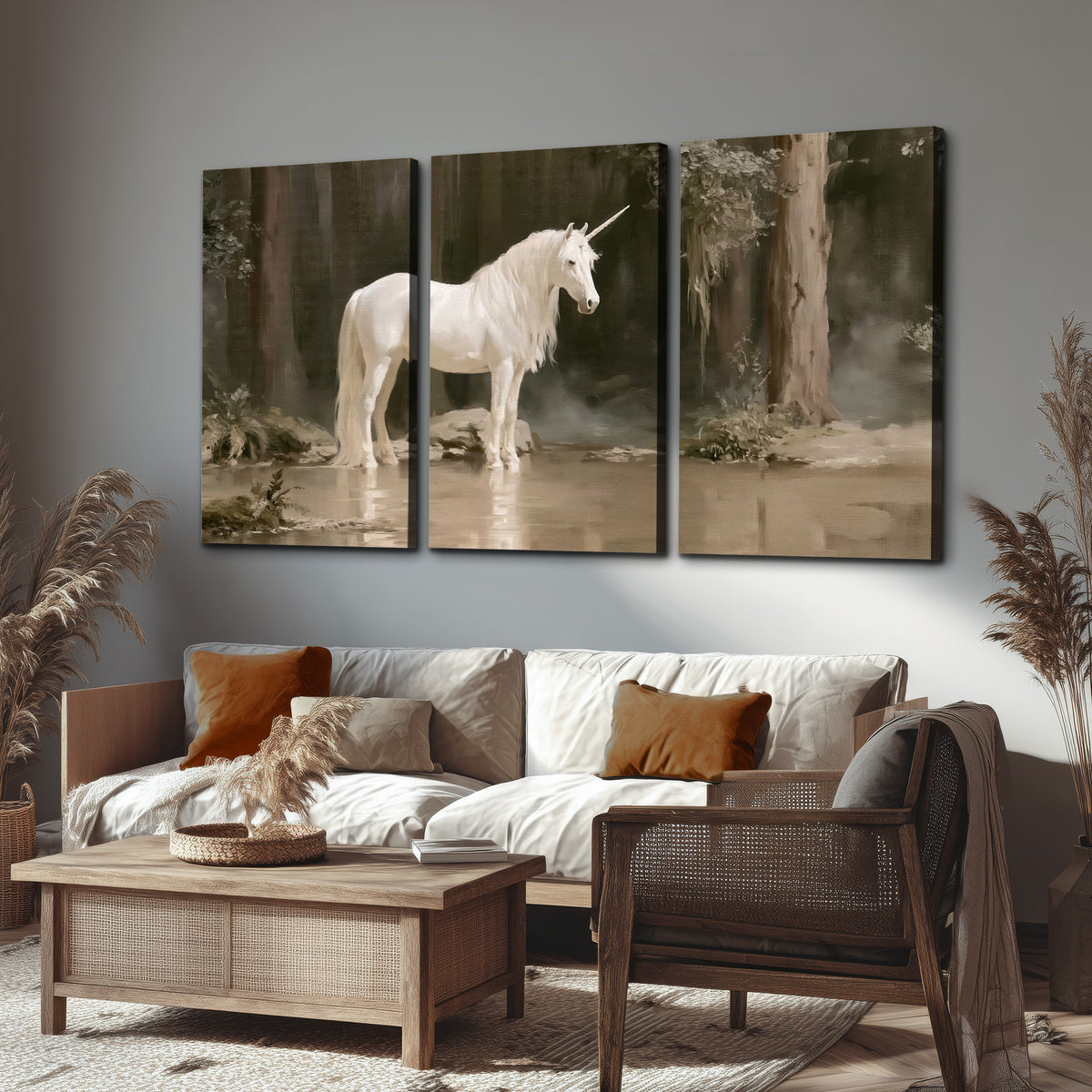 A white unicorn standing beside shallow water beneath tall shadowed trees 3 piece canvas wall art displayed in a rustic living room