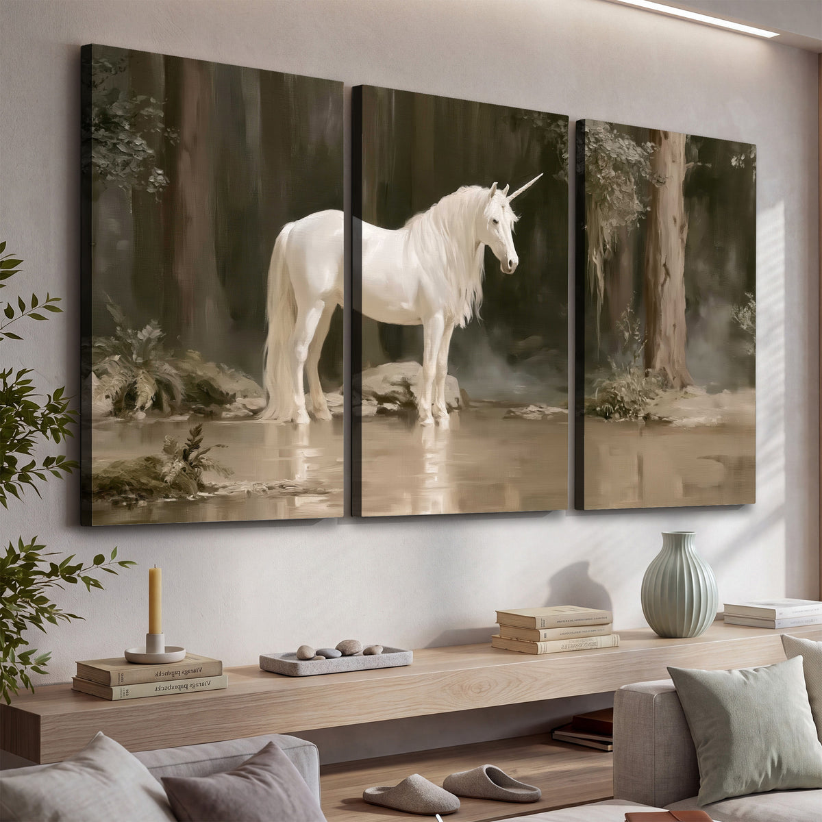 A white unicorn standing beside shallow water beneath tall shadowed trees 3 piece canvas wall art displayed in a console