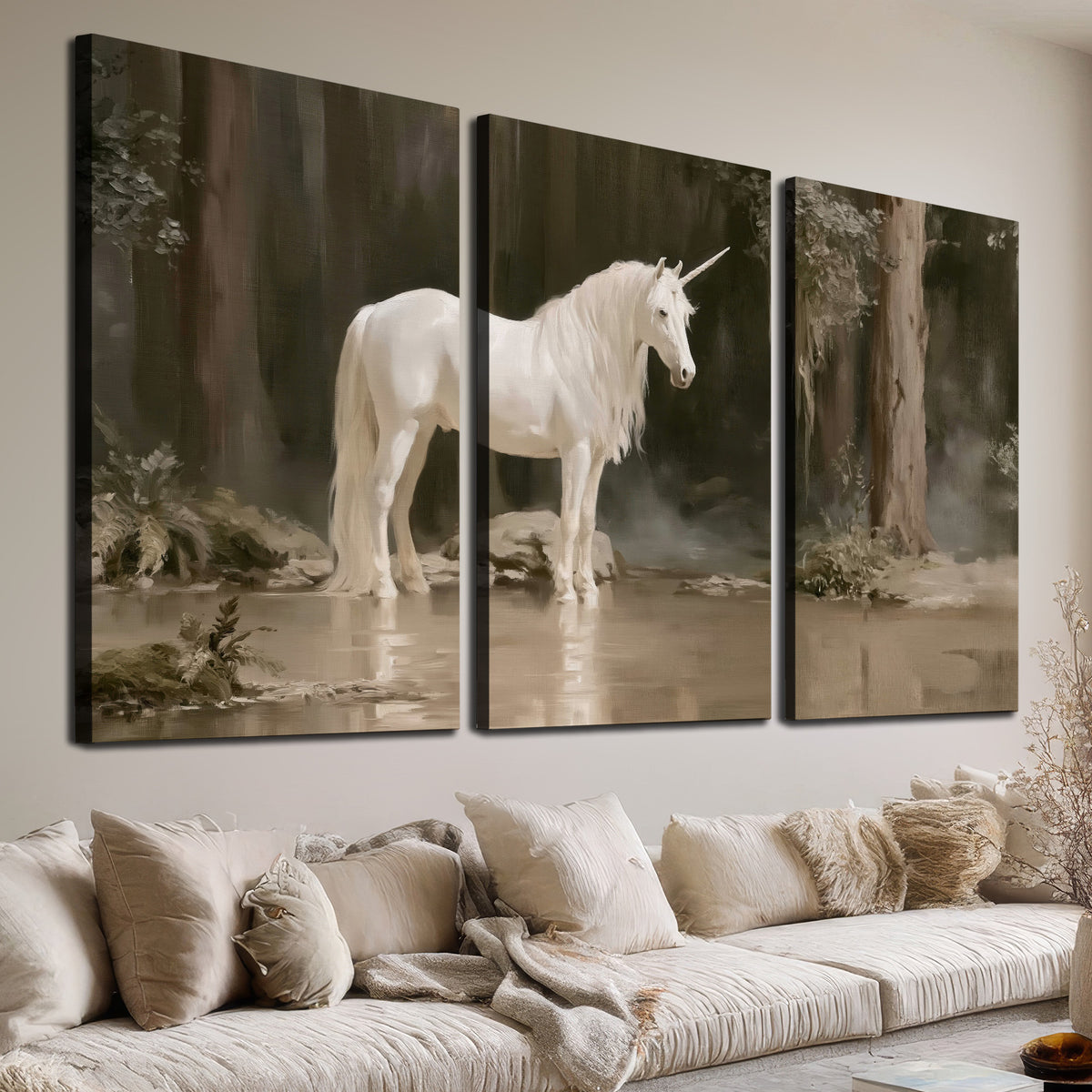A white unicorn standing beside shallow water beneath tall shadowed trees 3 piece canvas wall art room and product view
