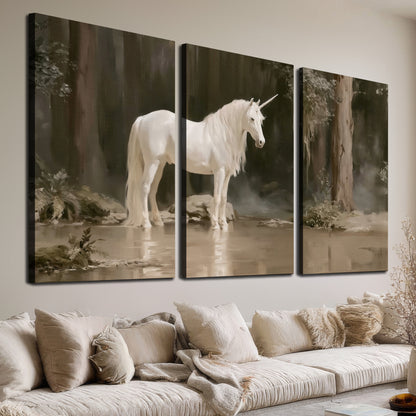 A white unicorn standing beside shallow water beneath tall shadowed trees 3 piece canvas wall art room and product view