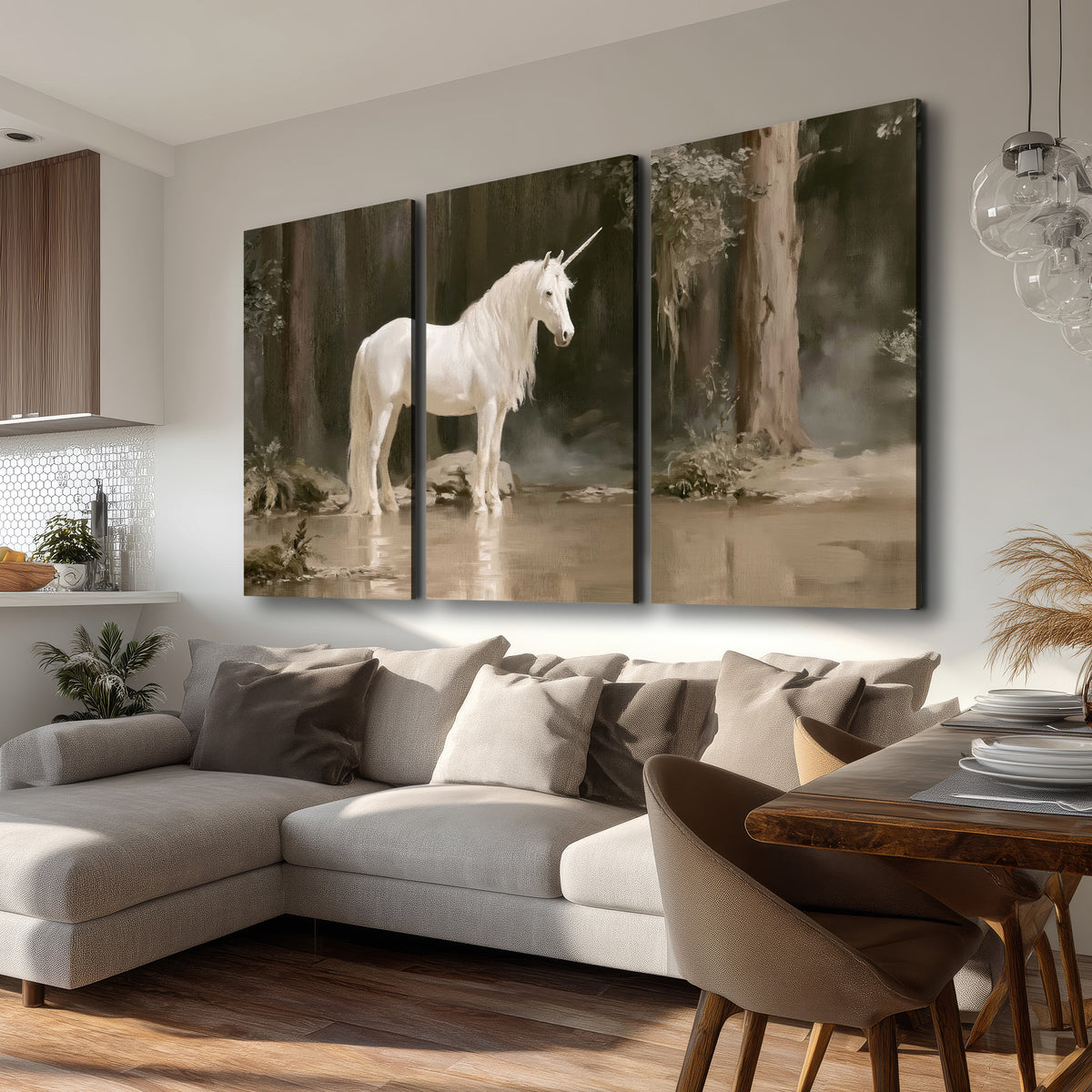 A white unicorn standing beside shallow water beneath tall shadowed trees 3 piece canvas wall art room and product view