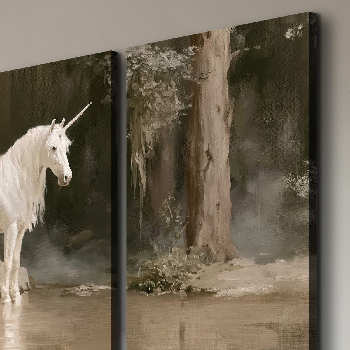 A white unicorn standing beside shallow water beneath tall shadowed trees 3 piece canvas wall art room and product view
