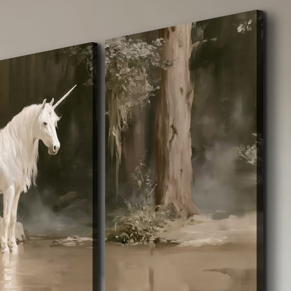 A white unicorn standing beside shallow water beneath tall shadowed trees 3 piece canvas wall art room and product view