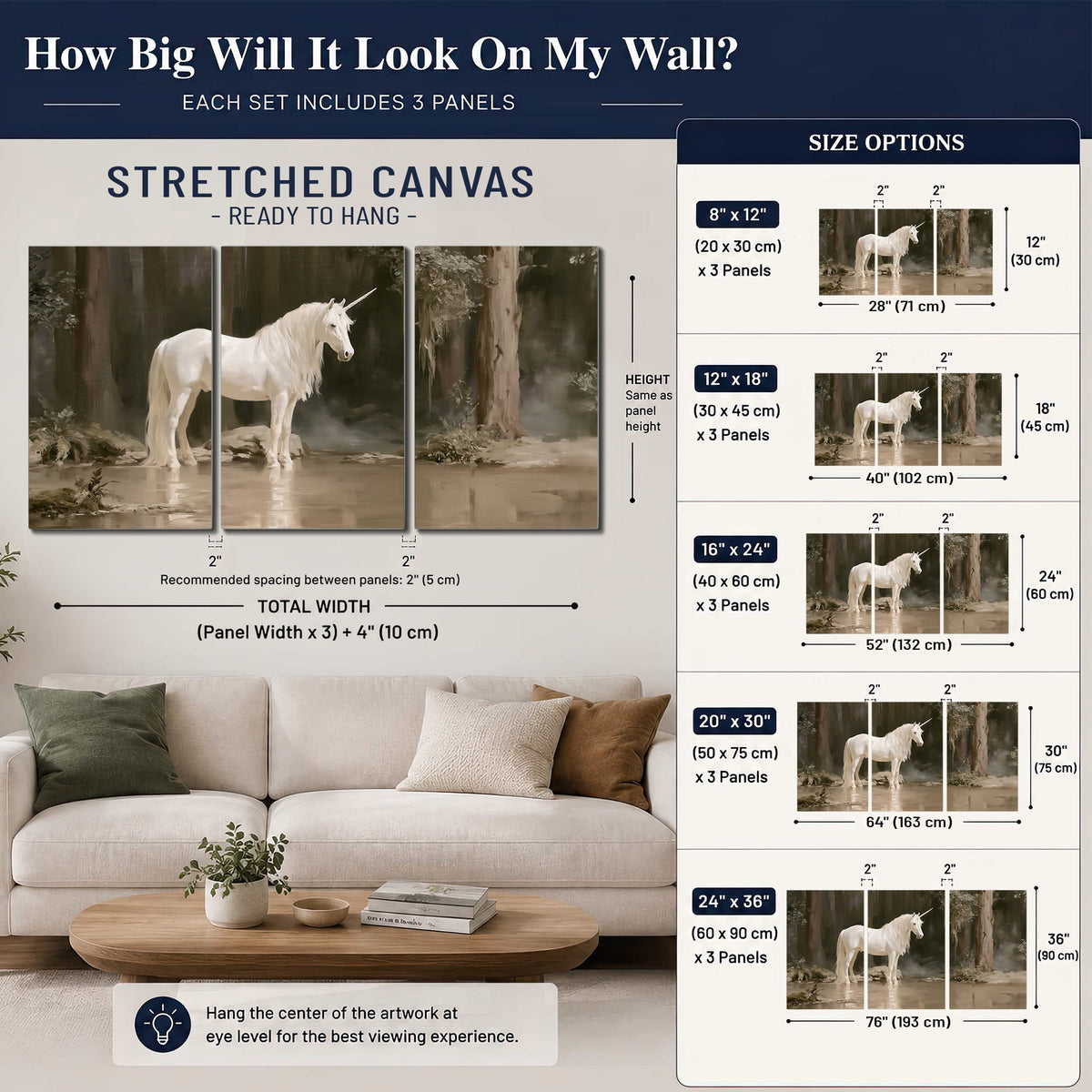 A white unicorn standing beside shallow water beneath tall shadowed trees 3 piece canvas wall art size guide above a sofa; room view is illustrative
