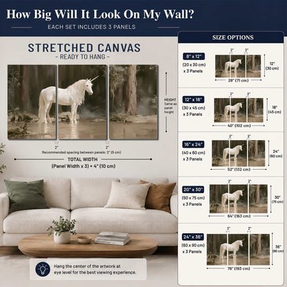 A white unicorn standing beside shallow water beneath tall shadowed trees 3 piece canvas wall art size guide above a sofa; room view is illustrative
