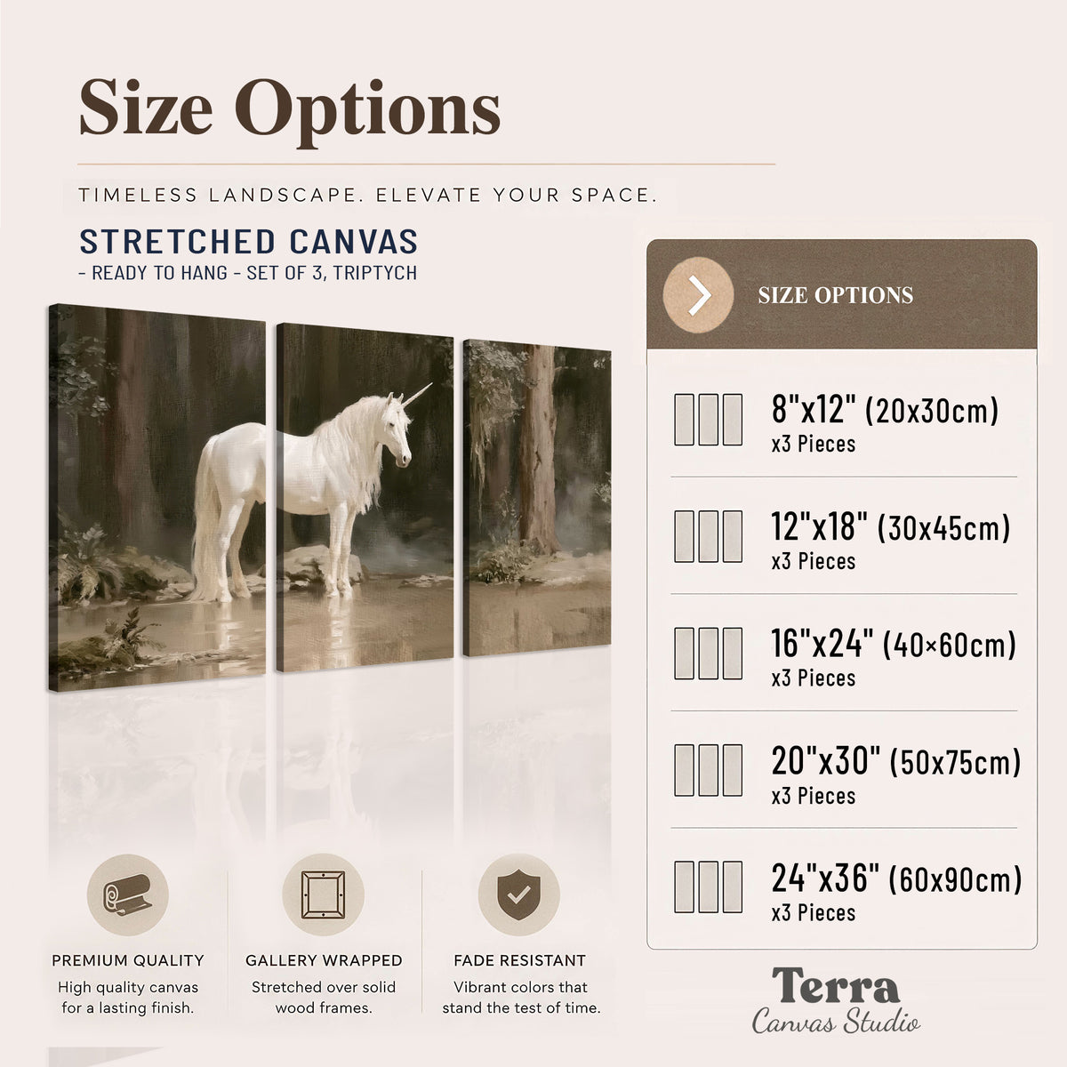 A white unicorn standing beside shallow water beneath tall shadowed trees 3 piece canvas wall art available dimensions; triptych dimensions are per panel