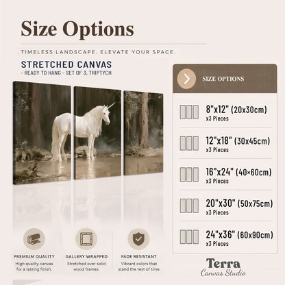 A white unicorn standing beside shallow water beneath tall shadowed trees 3 piece canvas wall art available dimensions; triptych dimensions are per panel