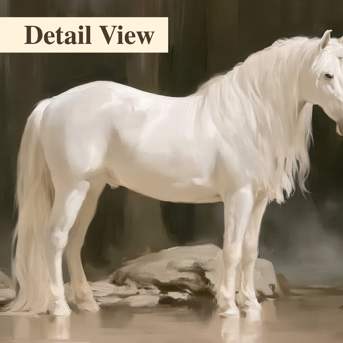 A white unicorn standing beside shallow water beneath tall shadowed trees 3 piece canvas wall art artwork detail close up