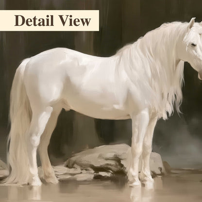 A white unicorn standing beside shallow water beneath tall shadowed trees 3 piece canvas wall art artwork detail close up