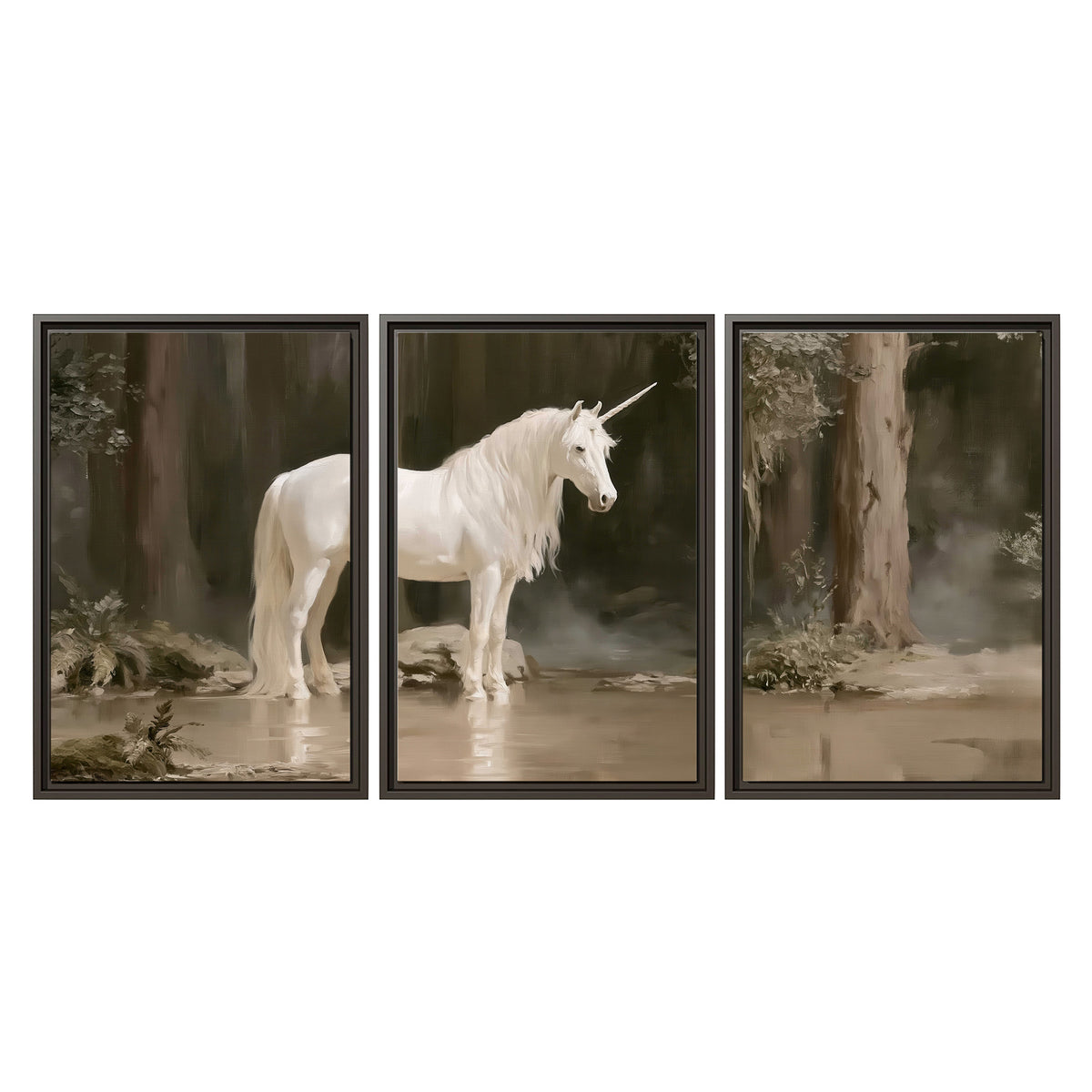 A white unicorn standing beside shallow water beneath tall shadowed trees 3 piece framed canvas wall art viewed straight on