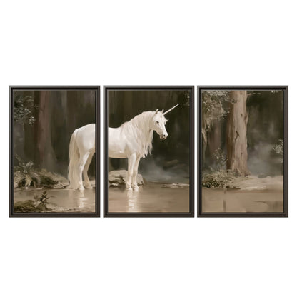 A white unicorn standing beside shallow water beneath tall shadowed trees 3 piece framed canvas wall art viewed straight on