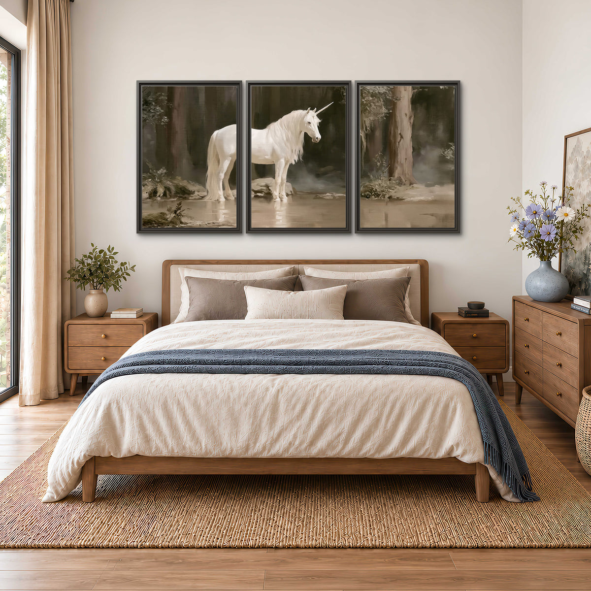 A white unicorn standing beside shallow water beneath tall shadowed trees 3 piece framed canvas wall art styled in an interior