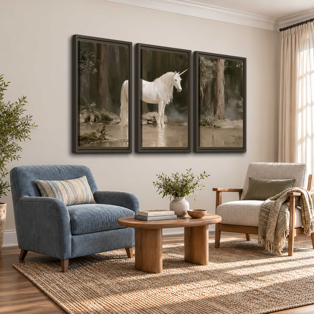 A white unicorn standing beside shallow water beneath tall shadowed trees 3 piece framed canvas wall art styled in an interior