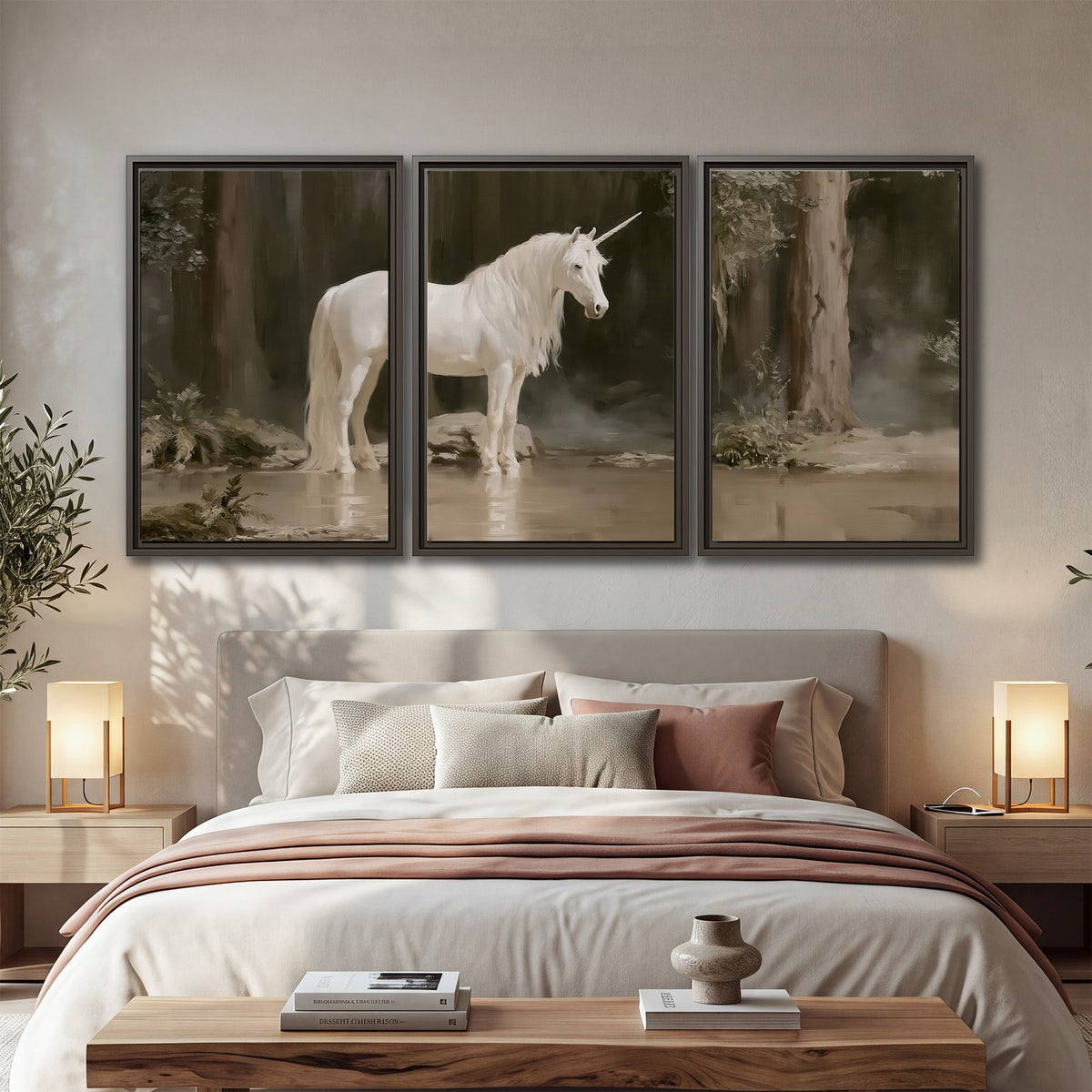 A white unicorn standing beside shallow water beneath tall shadowed trees 3 piece framed canvas wall art displayed in a bedroom