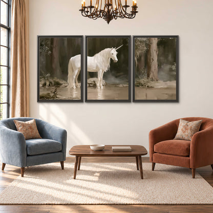 A white unicorn standing beside shallow water beneath tall shadowed trees 3 piece framed canvas wall art styled in an interior